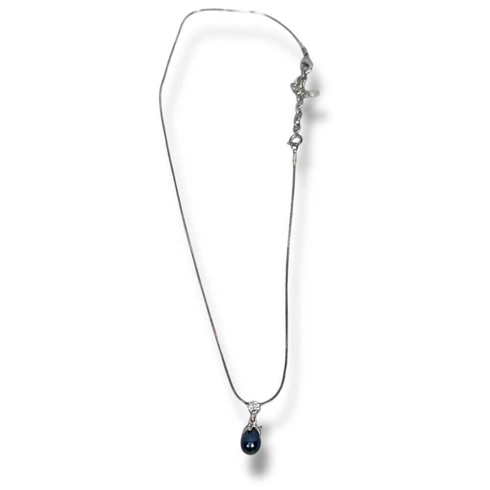 Monet Silver Tone Clear Rhinestone Blue Faux Pearl‎ Pendant Necklace Snake Chain